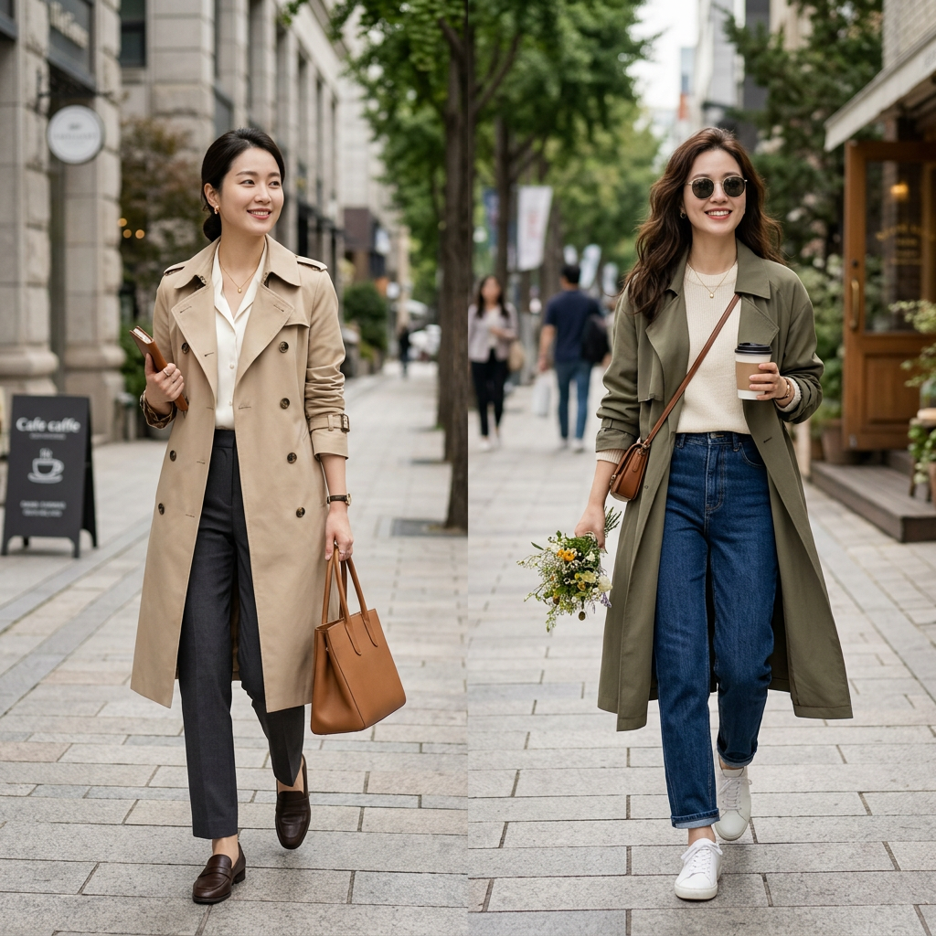 출근용과 주말용 트렌치코트 코디 전신샷