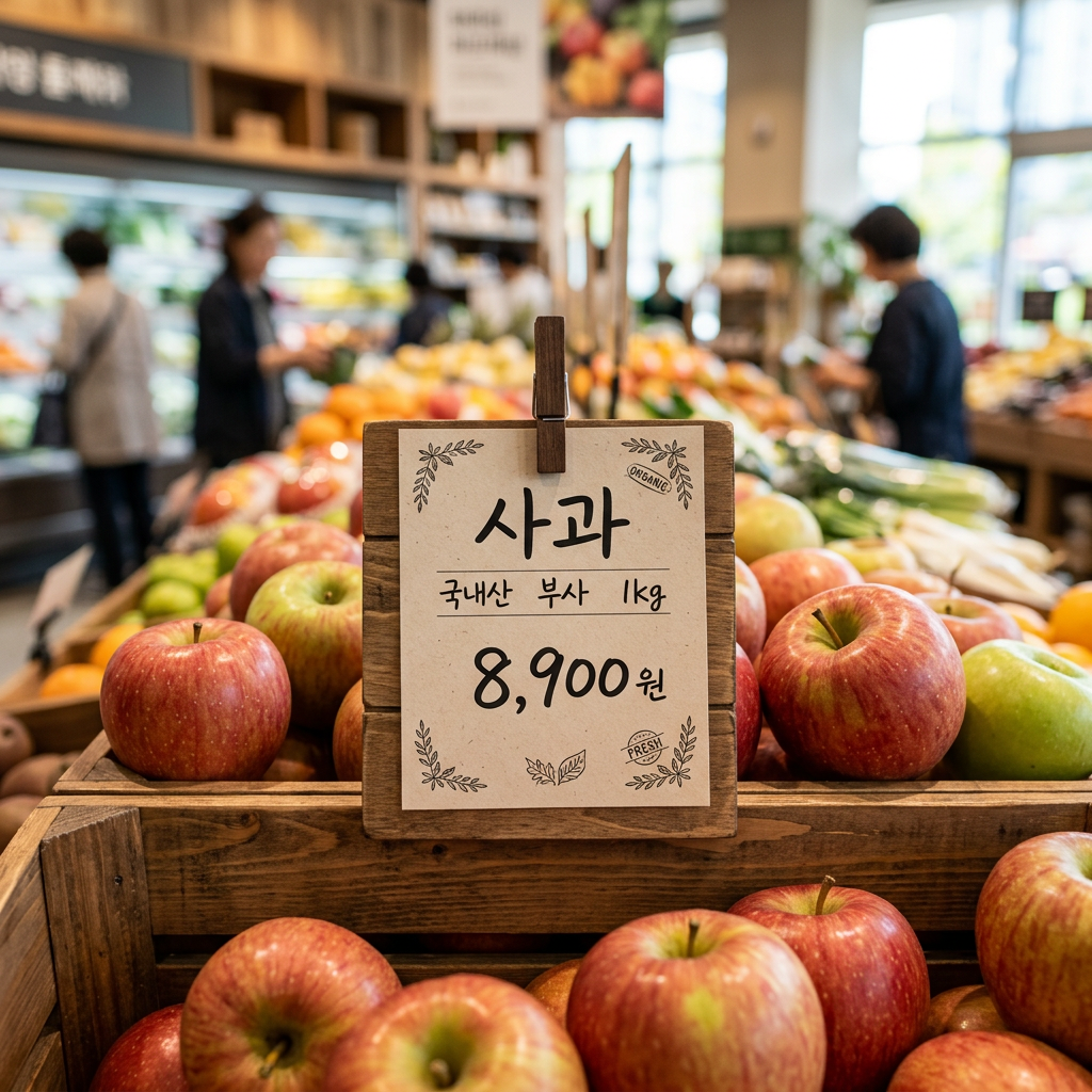 마트 과일 코너의 사과 가격표 클로즈업
