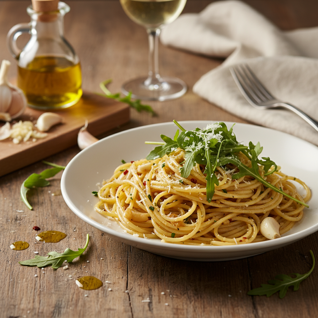 루꼴라를 얹은 파스타 한 접시, 올리브오일과 마늘이 함께 보이는 따뜻한 조명의 식탁 구도