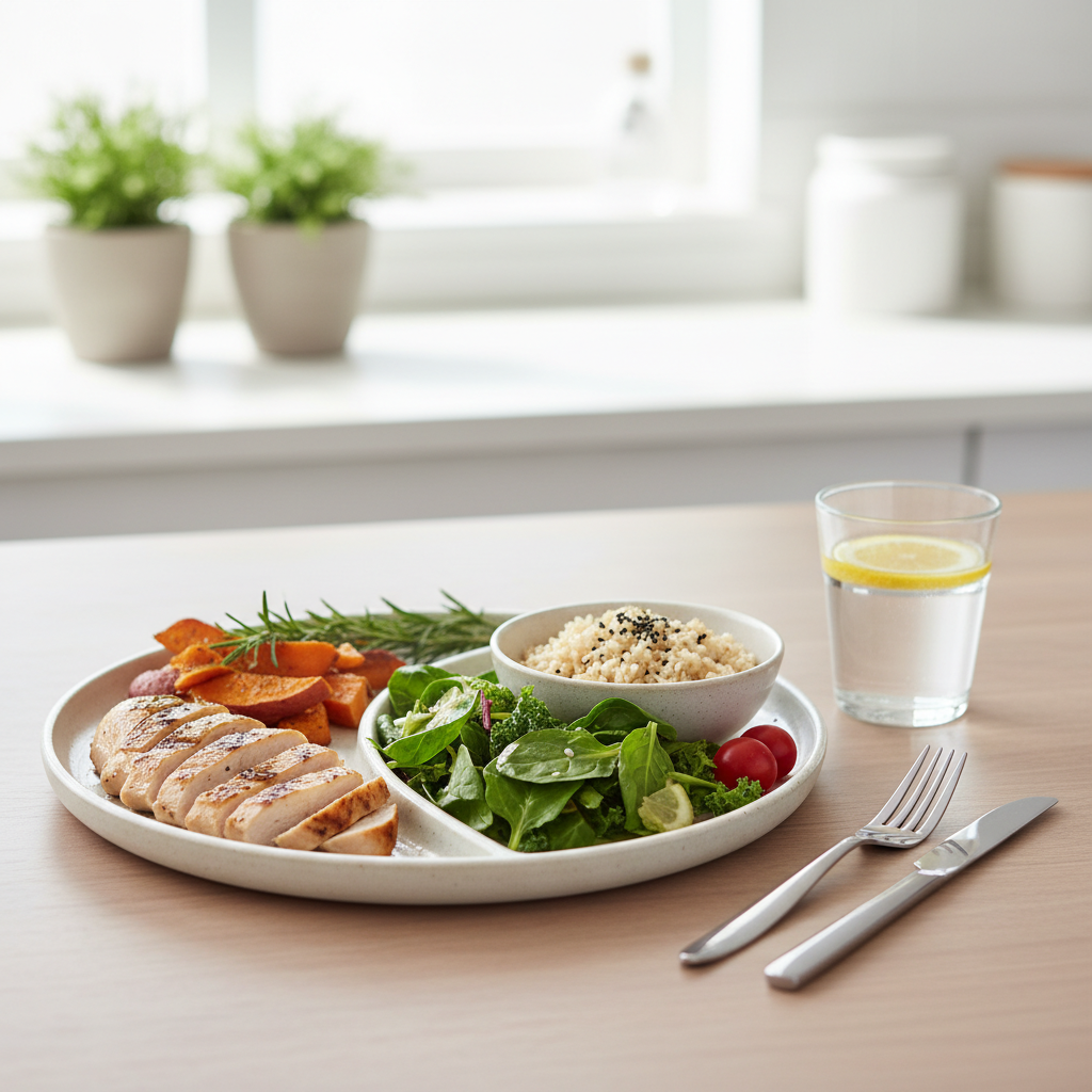 접시에 담긴 적정량의 식사 구성