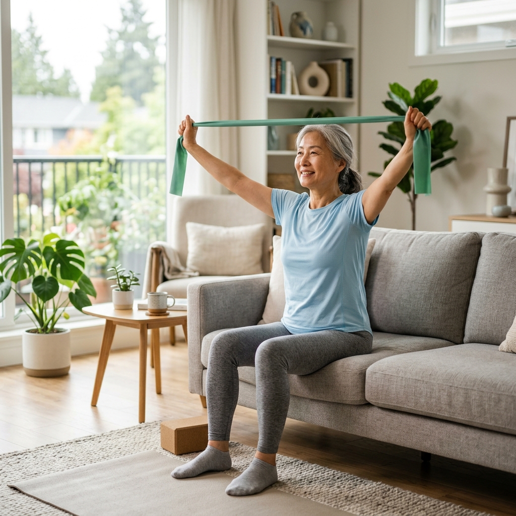 60대 어르신이 집에서 가벼운 운동을 하는 모습