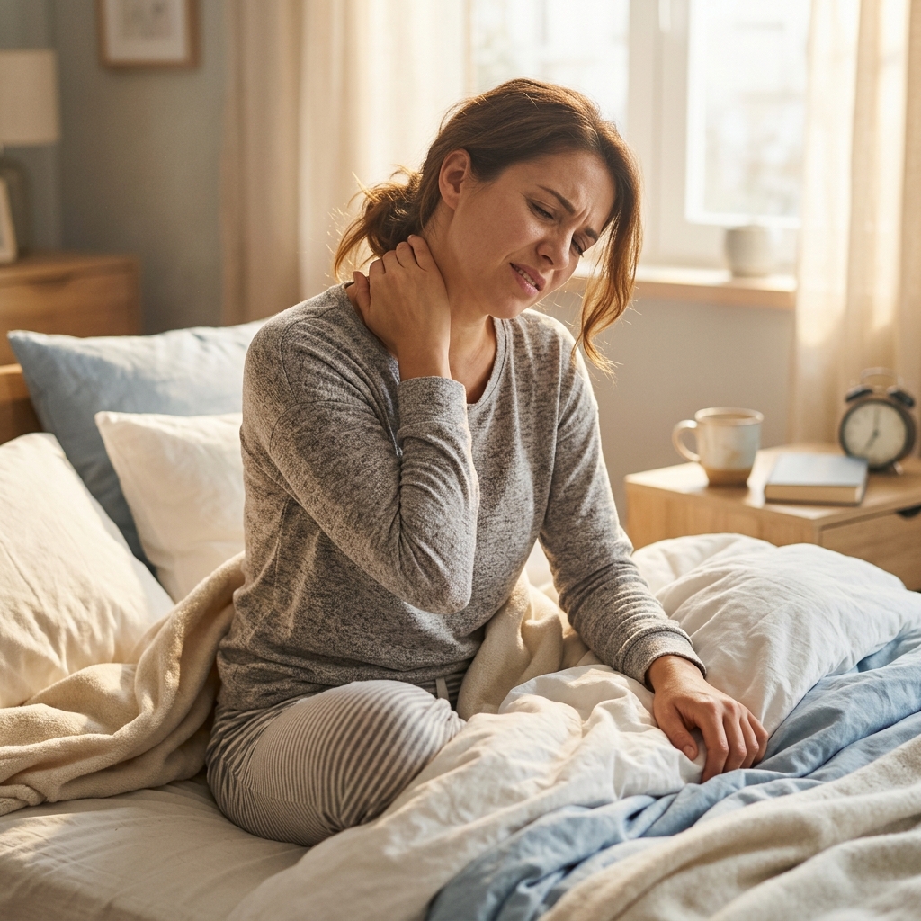 목을 감싸고 통증을 호소하는 아침 장면