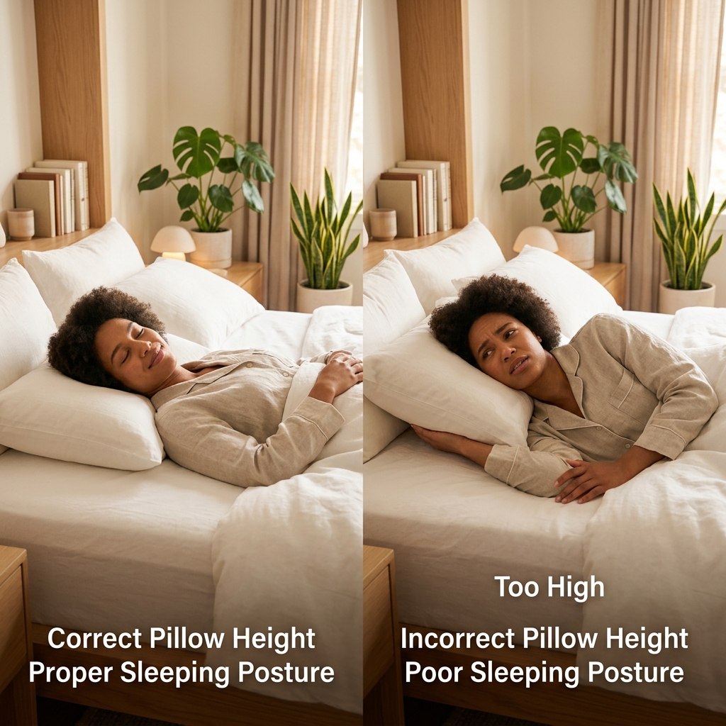 적절한 베개 높이와 바른 수면 자세 비교 도해