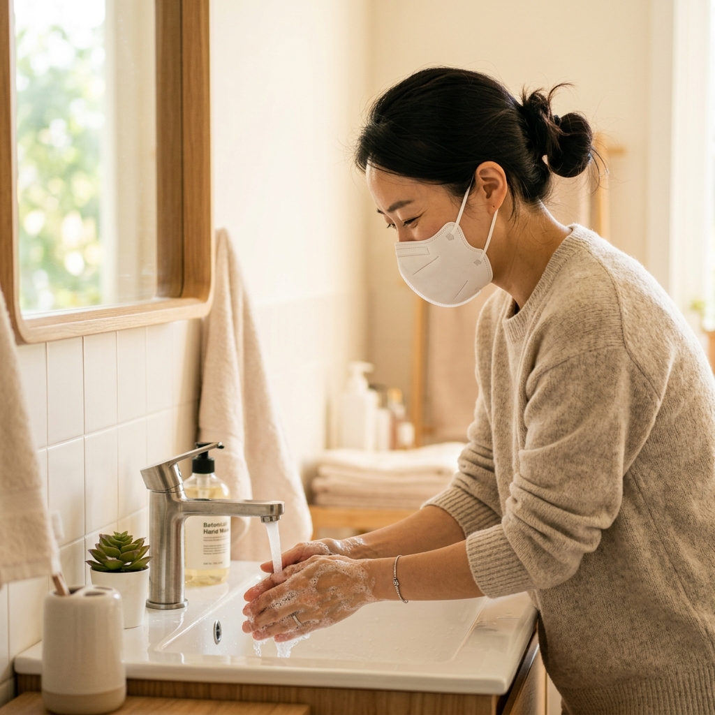 손을 씻고 있는 장면과 마스크를 착용한 사람