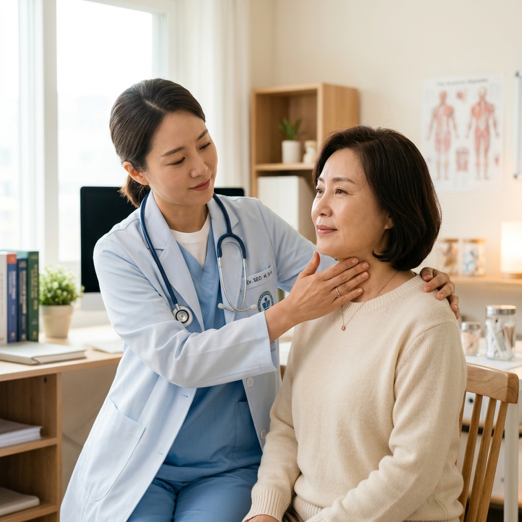 목 부위를 진찰하고 있는 의료진의 모습