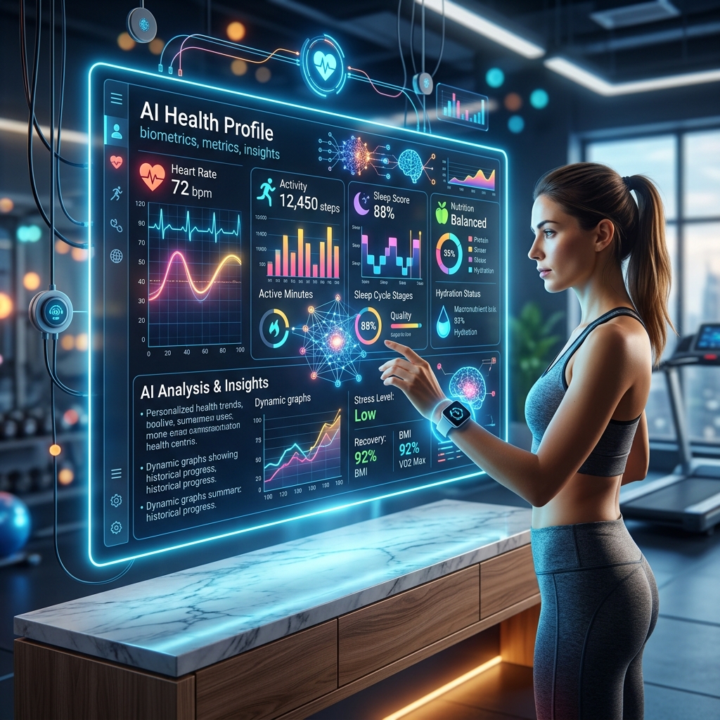 AI가 개인 생체 데이터를 분석하는 헬스케어 시스템 화면