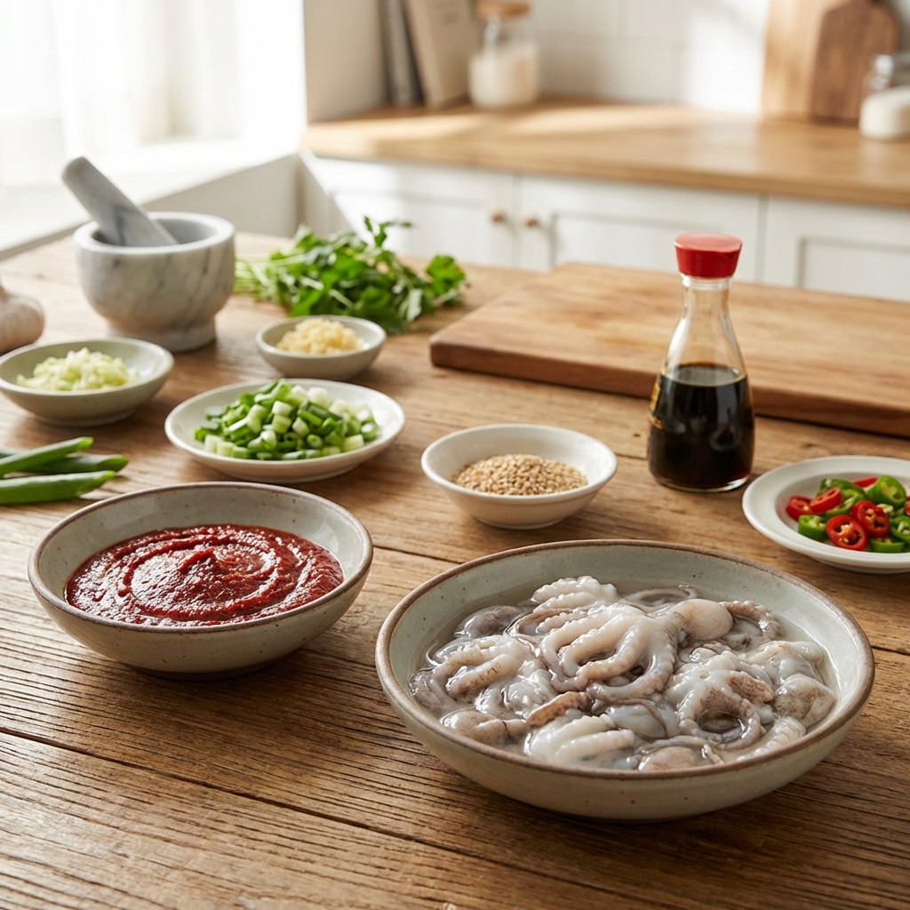 싱싱한 주꾸미와 양념 재료가 함께 놓인 조리대 전경