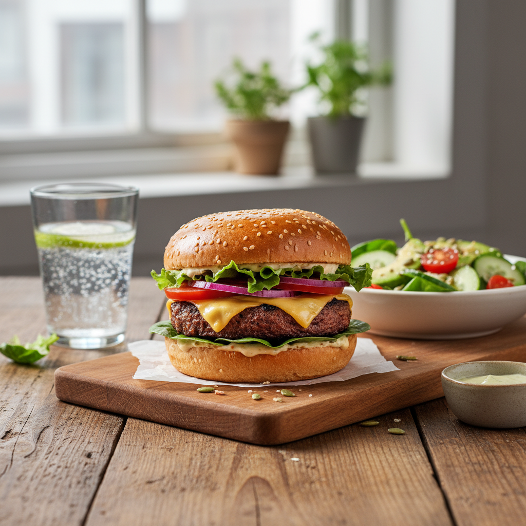 완성된 대체육 버거와 샐러드가 담긴 식탁 풍경