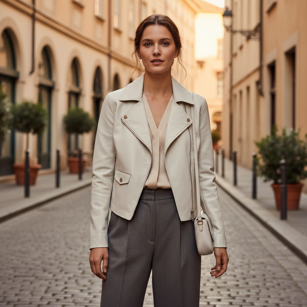 가볍고 부드러운 질감이 돋보이는 비건 가죽 재킷 착용 컷