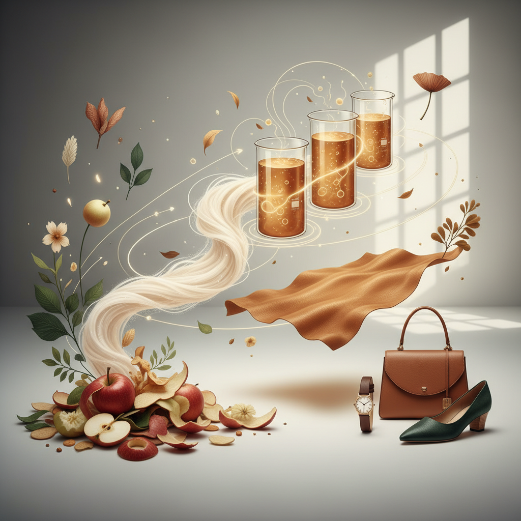 사과 껍질 등 식물성 원료에서 비건 가죽으로 변화하는 과정 안내도