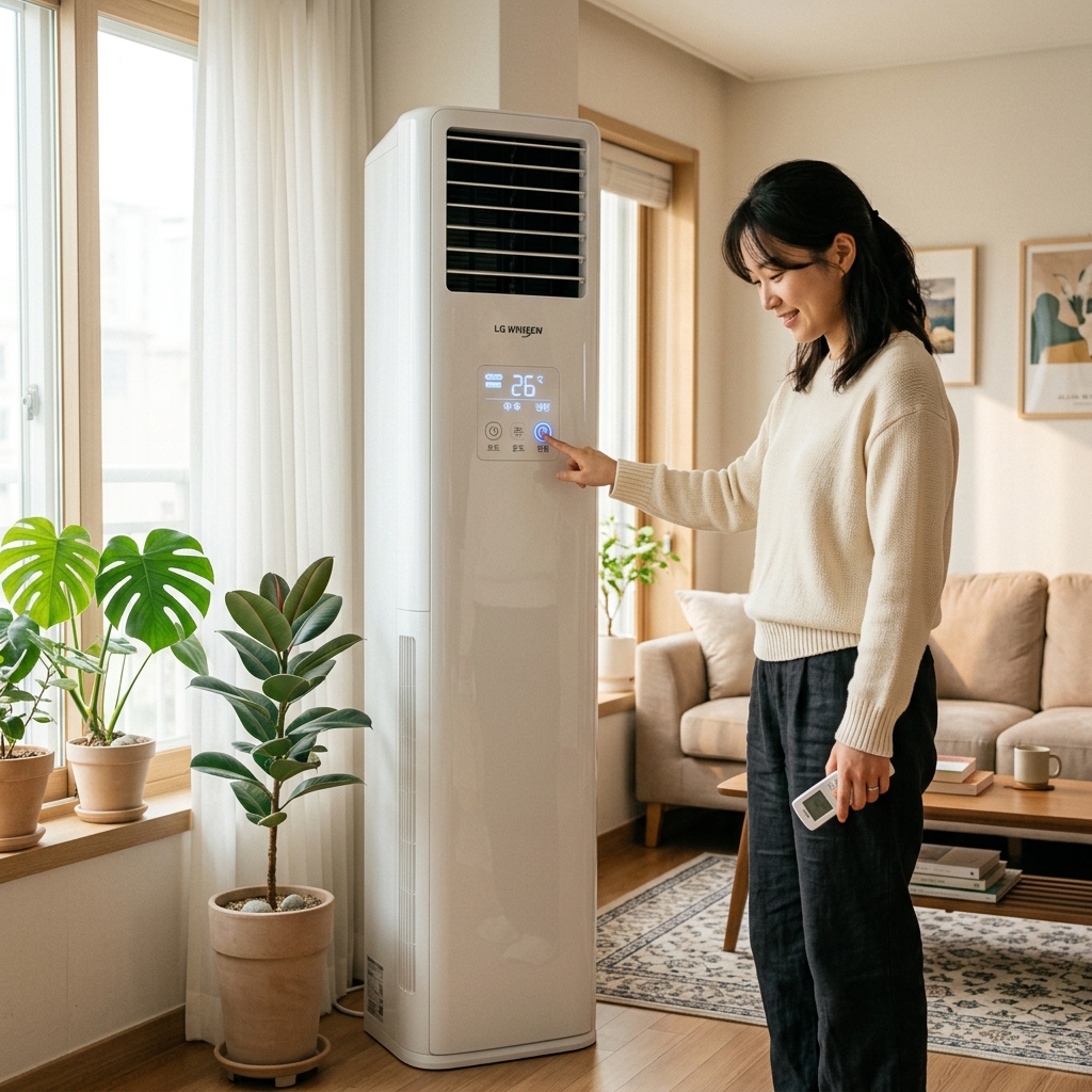 거실에 설치된 스탠드형 에어컨 전원을 켜보는 장면