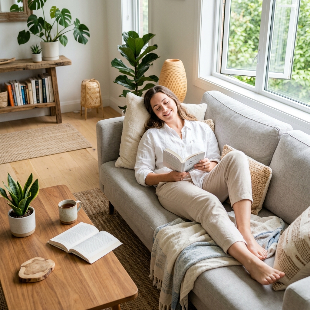 쾌적하고 시원한 거실에서 휴식을 취하는 모습