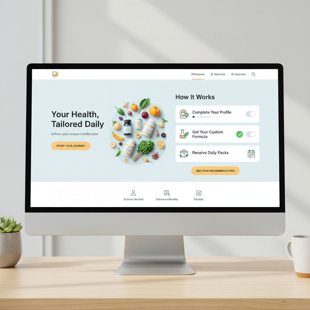 맞춤 영양제 구독 서비스 웹사이트 메인 화면과 체크리스트