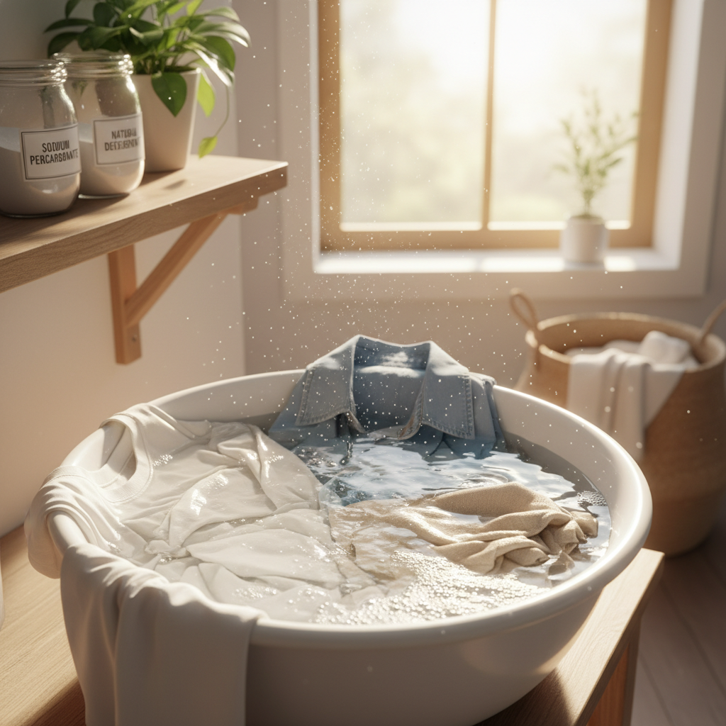 과탄산소다 물에 옷을 담가둔 장면