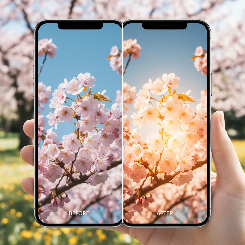스마트폰으로 찍은 벚꽃 사진, 필터 적용 전후 비교 화면