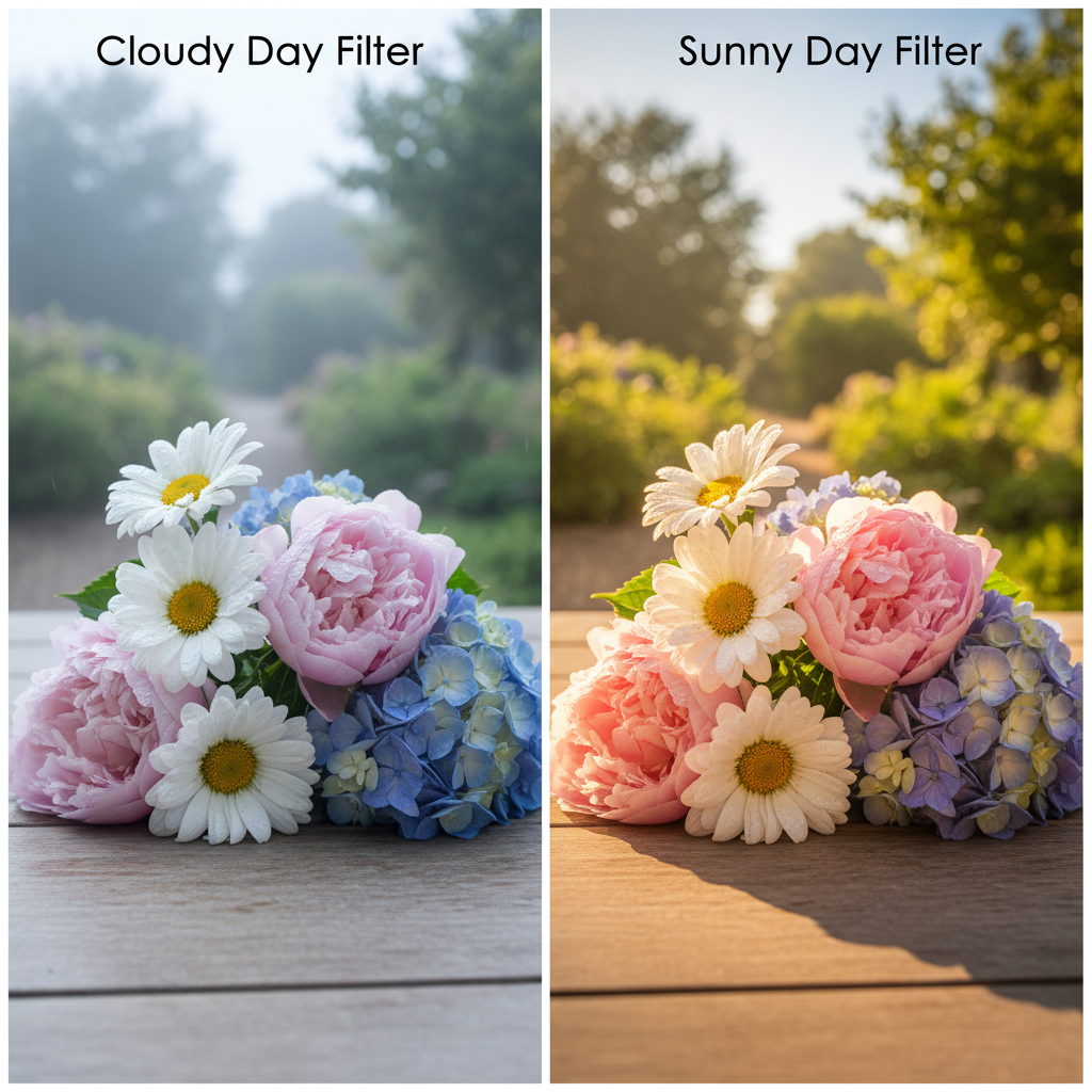 흐린 날과 맑은 날 같은 필터로 찍은 꽃 사진 비교