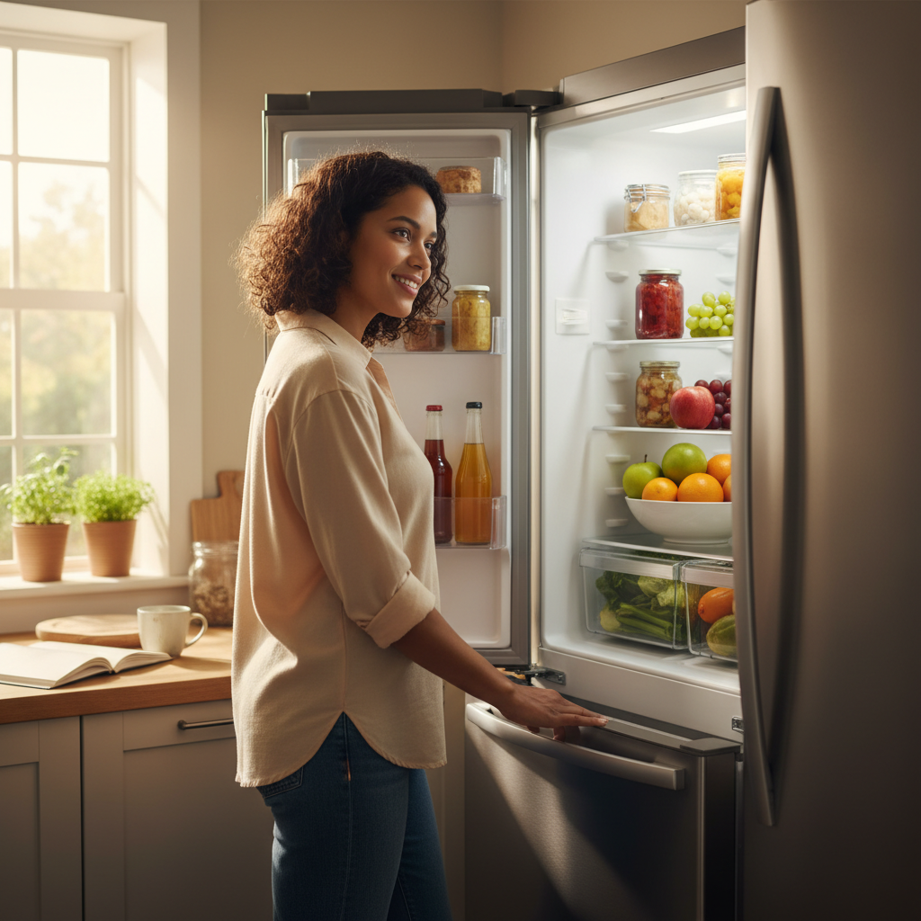 냉장고 문을 열며 확인하는 장면