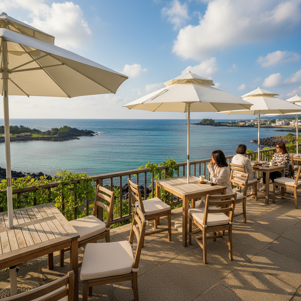 애월 카페 테라스 좌석과 바다