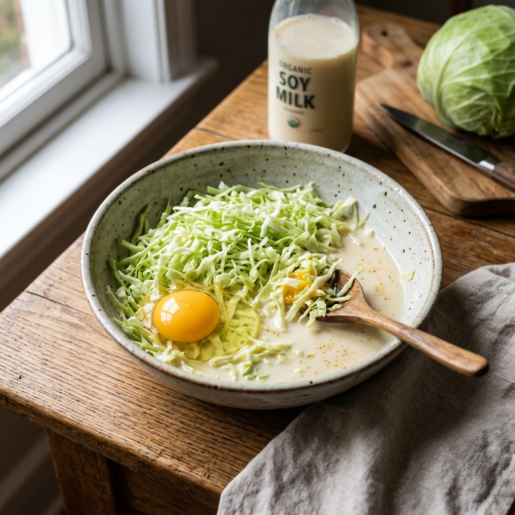 잘게 썬 양배추와 계란, 두유가 담긴 그릇