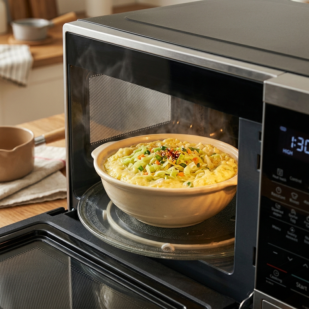 전자레인지에서 익고 있는 양배추 계란찜