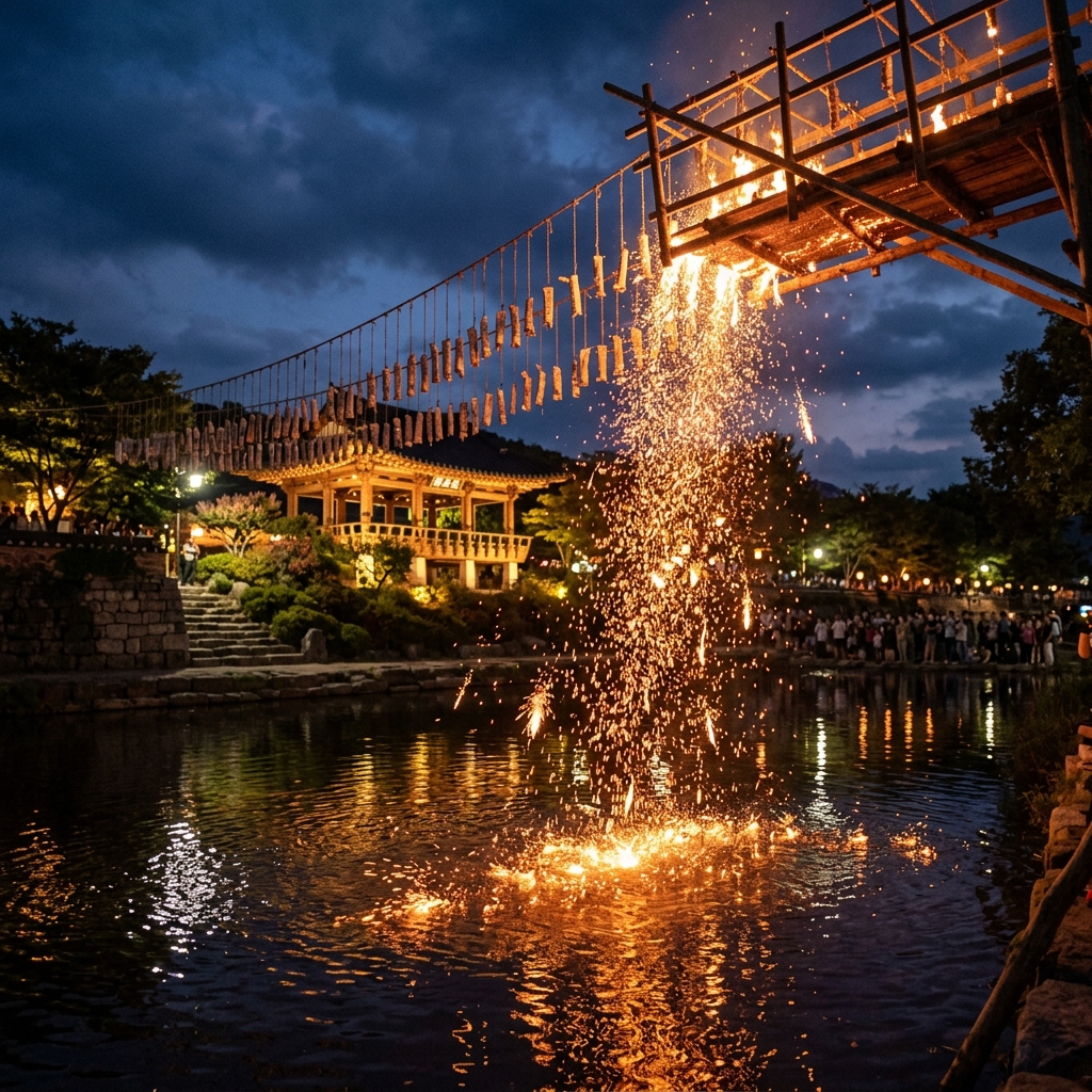 함안 낙화놀이 불꽃이 연못에 떨어지는 순간