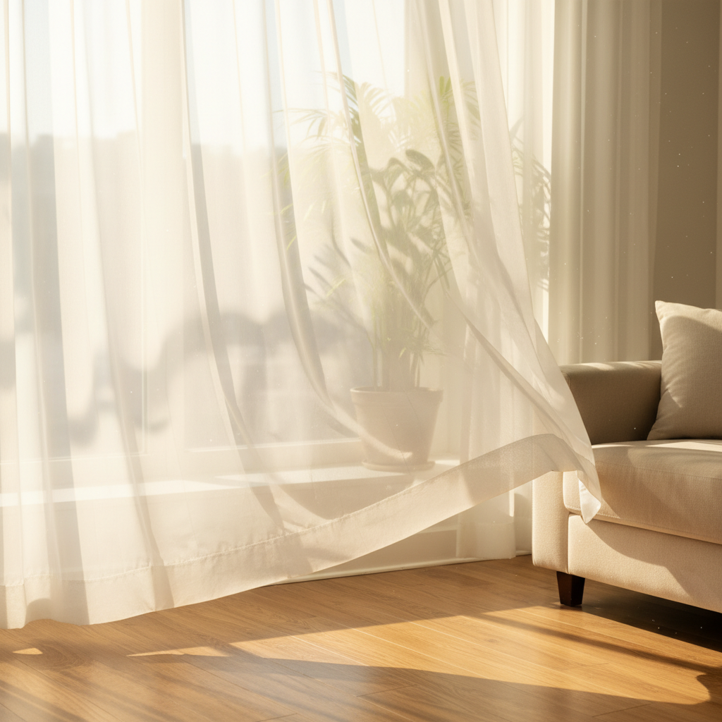 햇살이 비치는 거실에 깨끗하게 걸려 있는 쉬폰 커튼