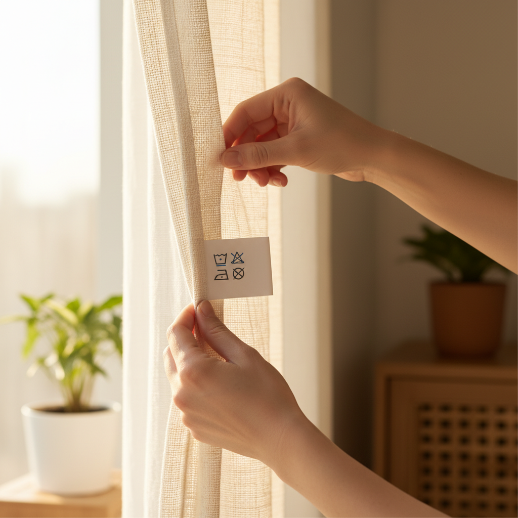커튼 뒷면의 세탁 기호 라벨을 확인하는 손길