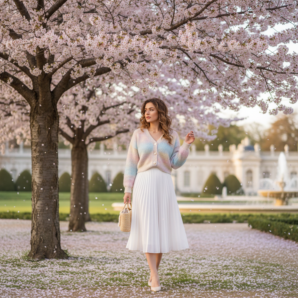 벚꽃 나무 아래서 파스텔톤 가디건과 화이트 스커트를 입고 찍은 전신 사진