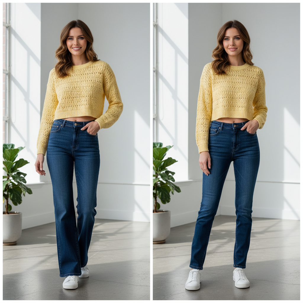 크롭 기장의 옐로우 니트와 하이웨이스트 데님 팬츠를 매치한 핏 비교 장면