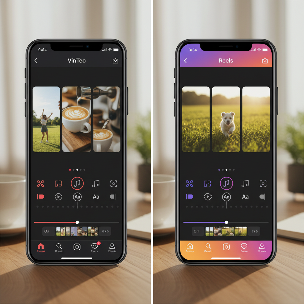 틱톡과 인스타그램 릴스 편집 화면에 3개의 짧은 영상 클립이 나열된 모습