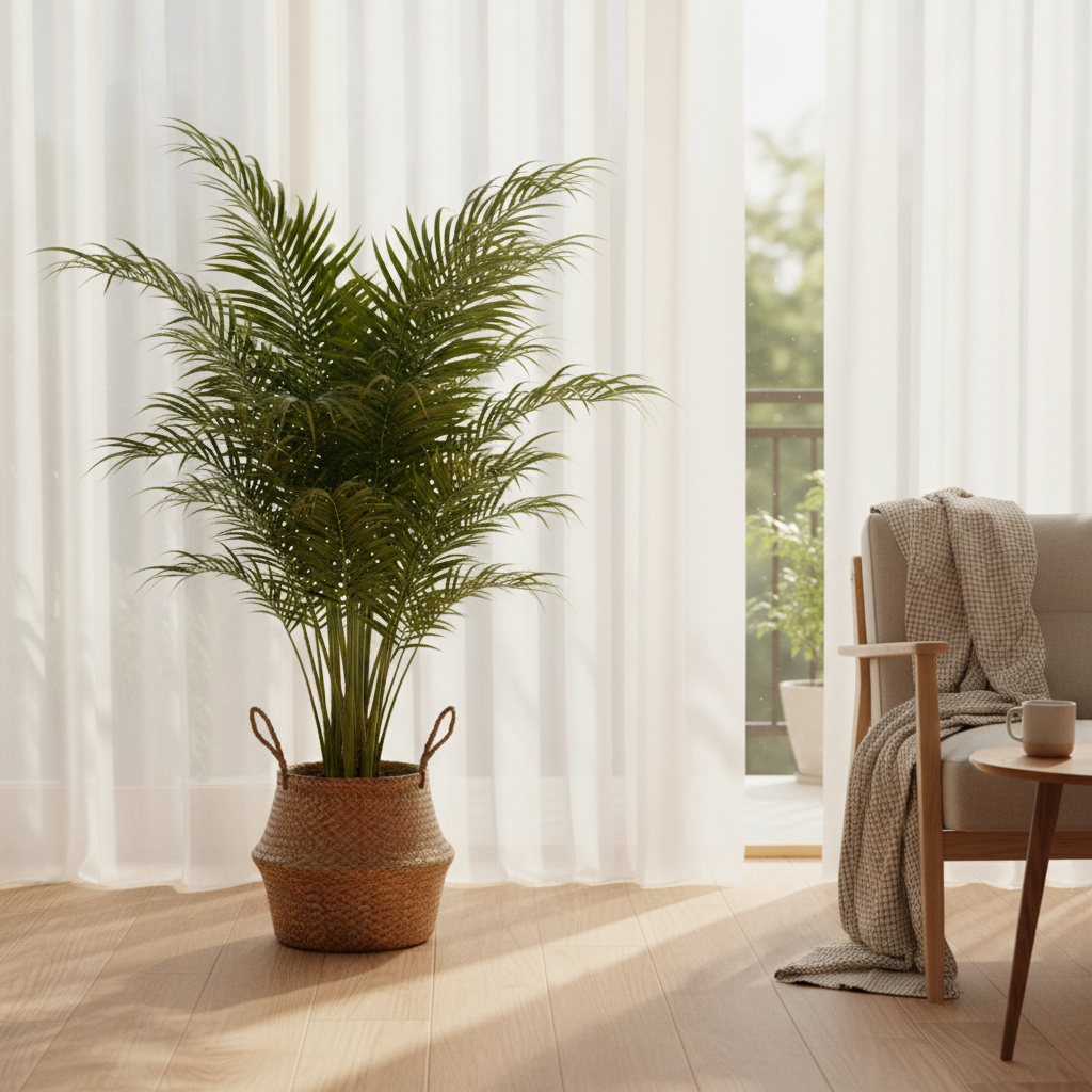 쉬폰 커튼 앞에 놓인 아레카야자 화분 전경