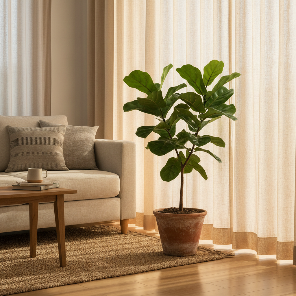 커튼과 30cm 간격을 두고 배치된 거실 식물