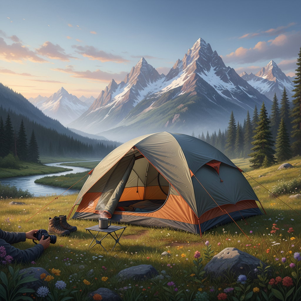 상단 벤틸레이션을 열어두고 천장에 루프 플라이를 씌운 텐트 전경