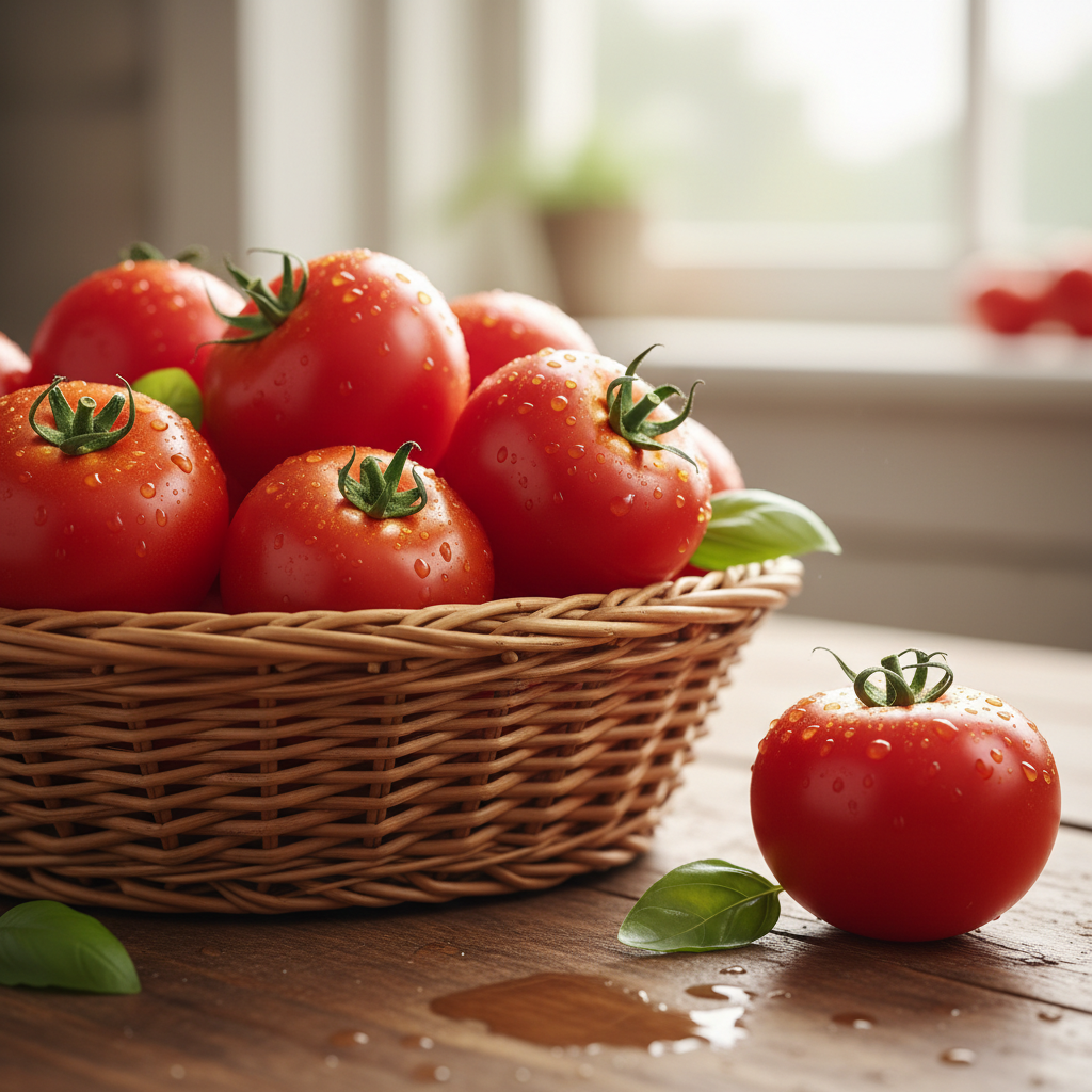 마트에서 사 온 싱싱하고 붉은 토마토가 바구니에 담긴 모습