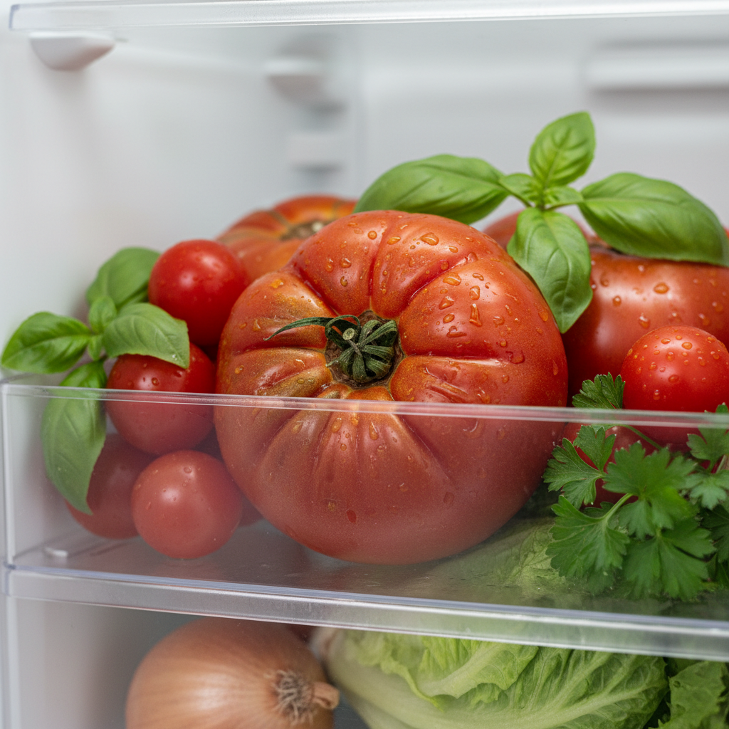 냉장고 채소칸에서 껍질이 쭈글쭈글해지고 윤기를 잃은 토마토