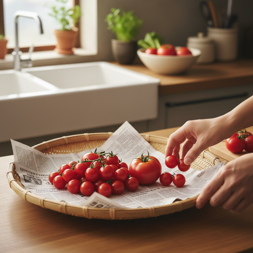 넓은 채반에 신문지를 깔고 토마토를 올릴 준비를 하는 주방 모습