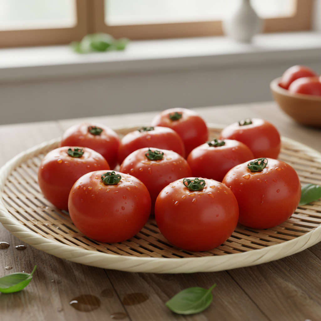 꼭지를 떼어내고 서로 닿지 않게 간격을 두어 실온 채반에 보관 중인 토마토