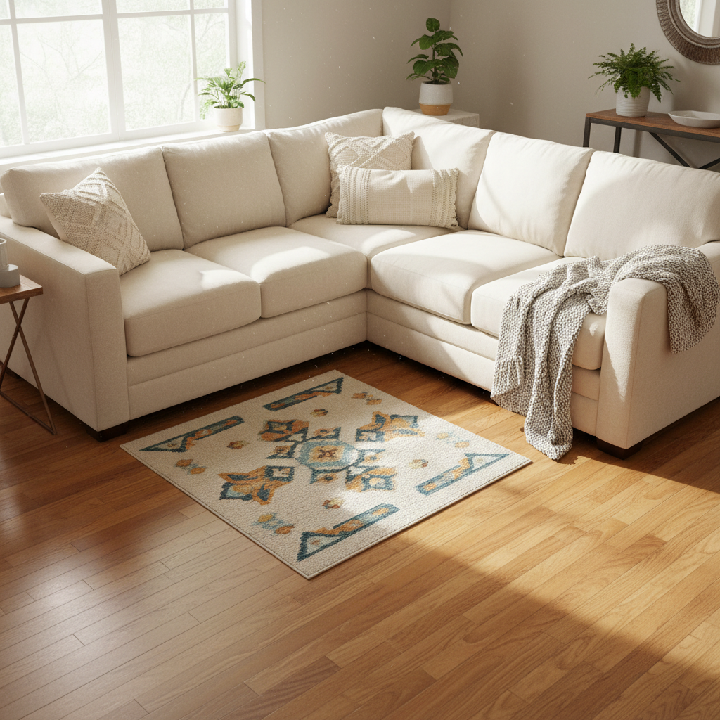 거실 소파와 비율이 맞지 않아 어색한 러그 배치 장면