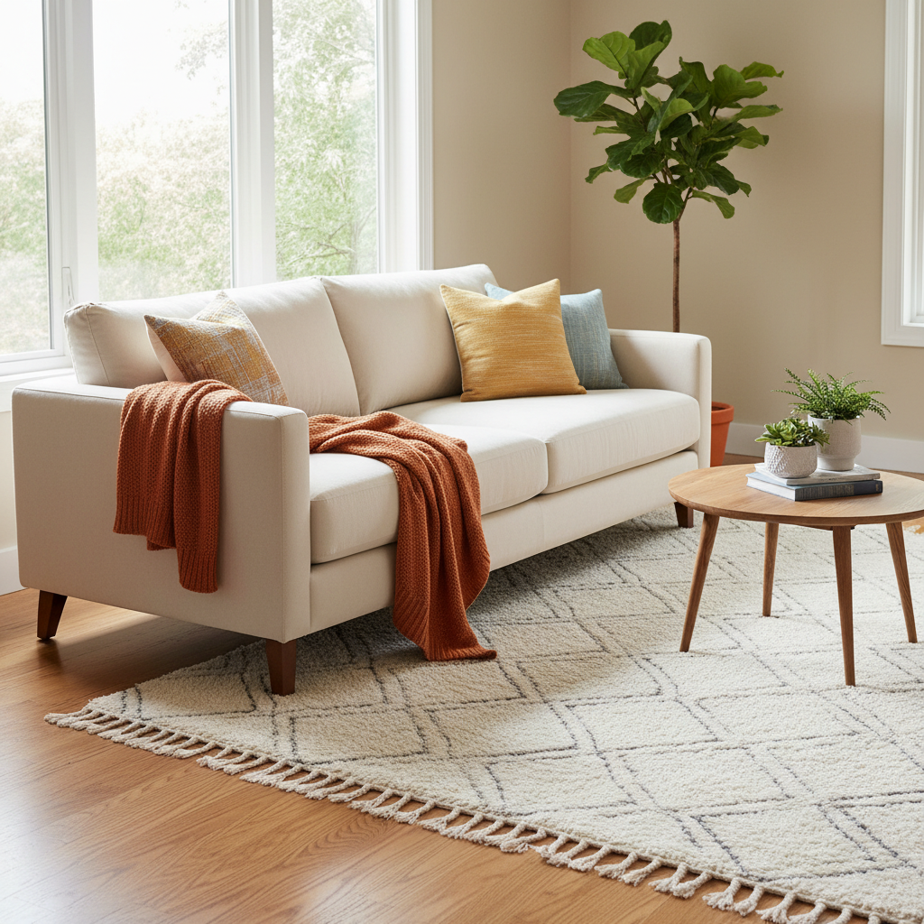 소파 앞다리만 러그에 걸쳐 안정감을 주는 거실 모습