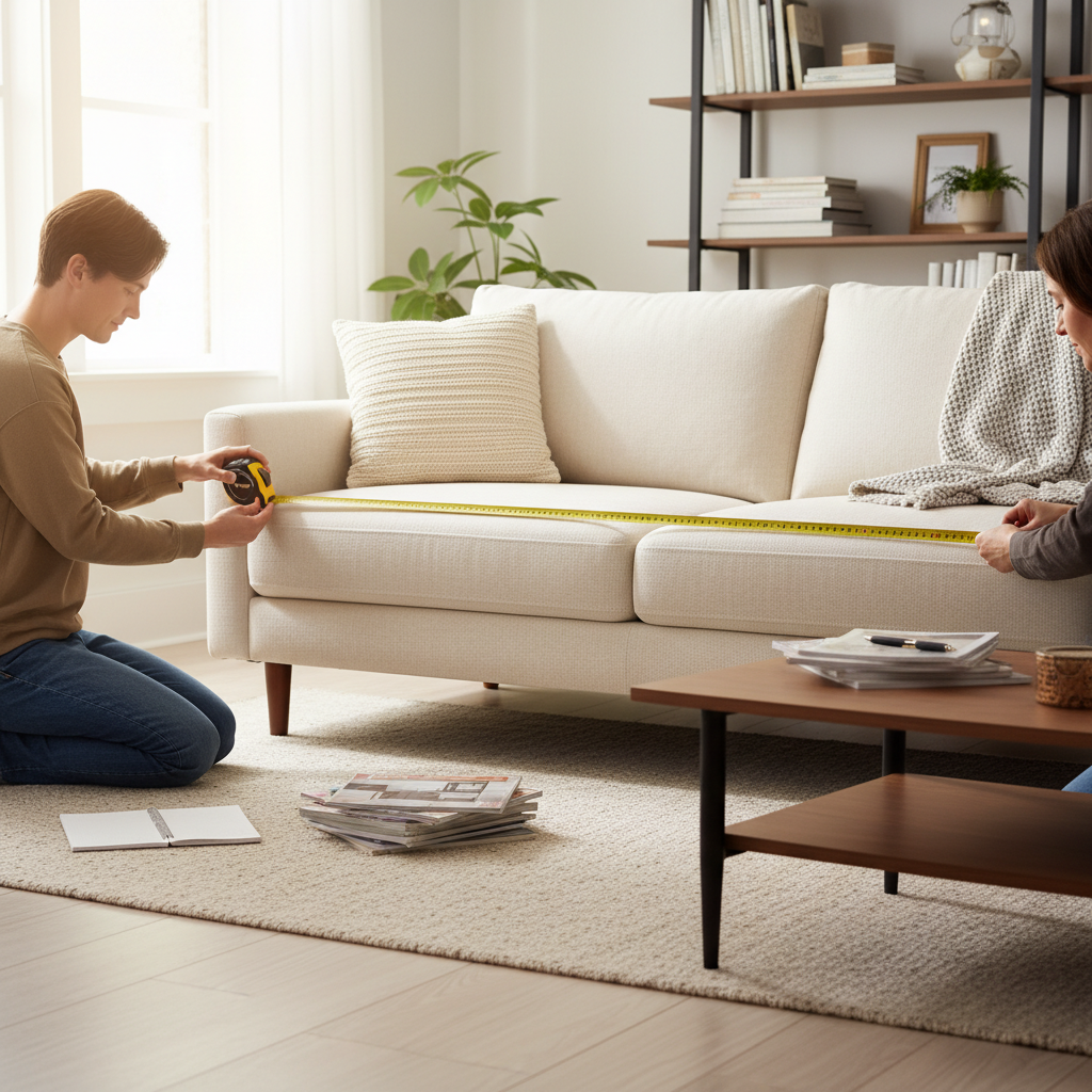 줄자로 거실 바닥과 소파 길이를 직접 재보는 장면