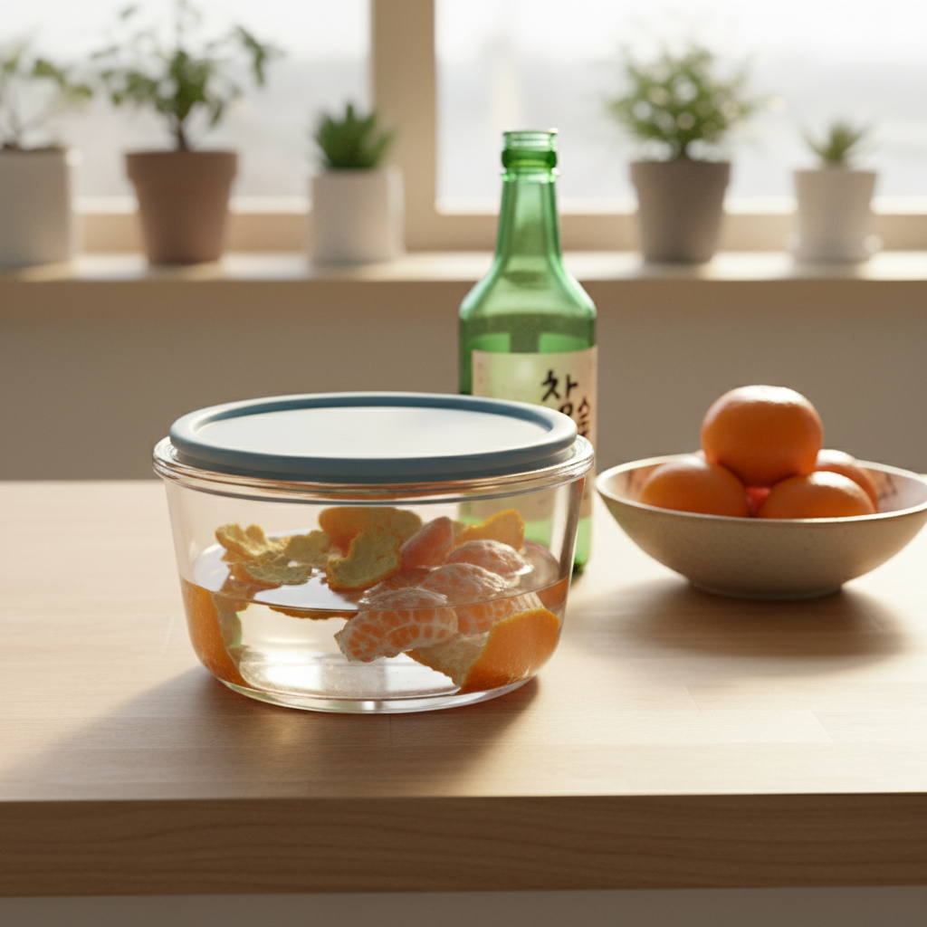 전자레인지 전용 용기에 귤껍질과 남은 소주를 담아둔 모습