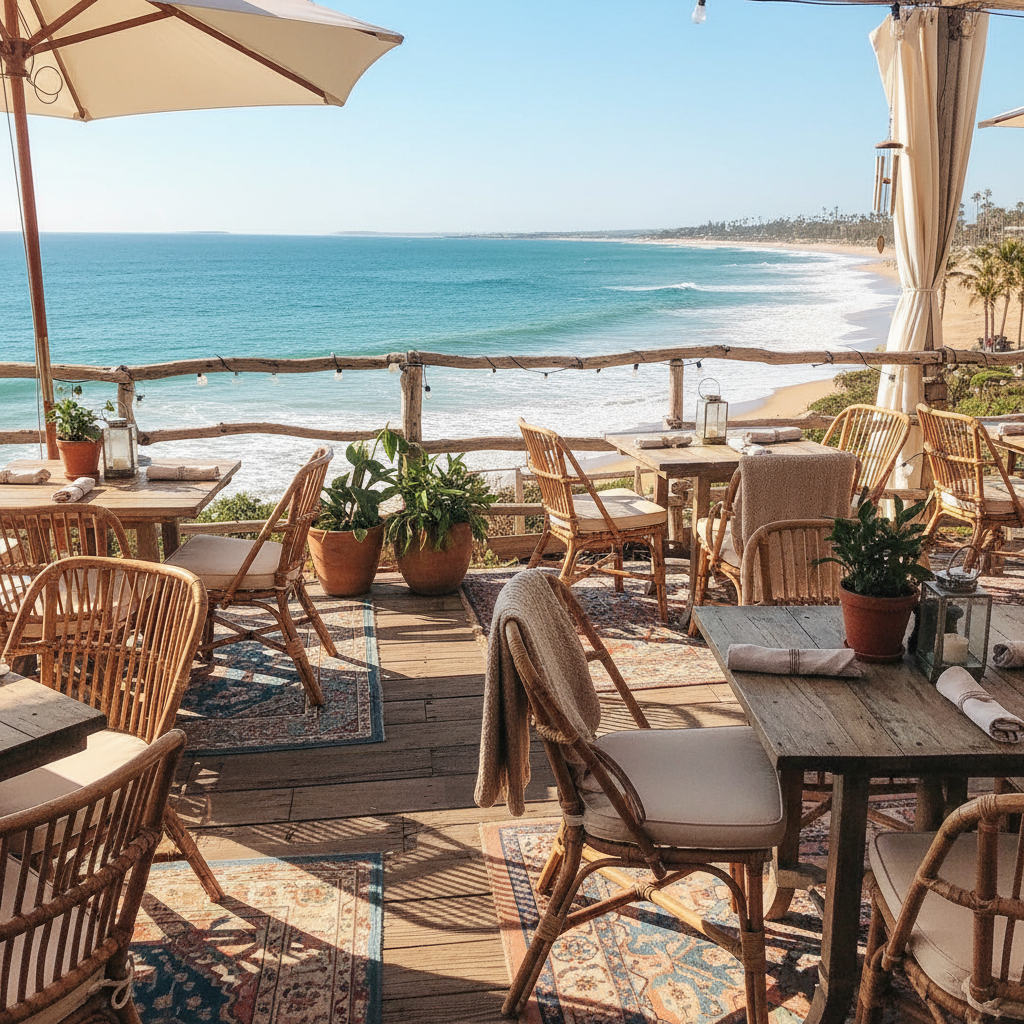 감성적인 인테리어와 바다가 보이는 해안가 식당 테라스 장면