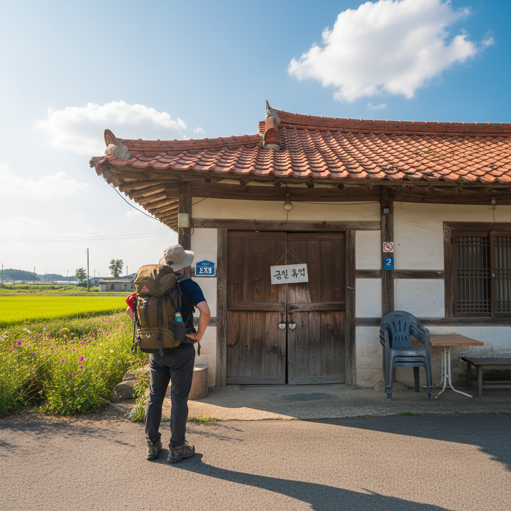 굳게 문이 닫힌 시골 식당 앞 당황한 여행자의 뒷모습