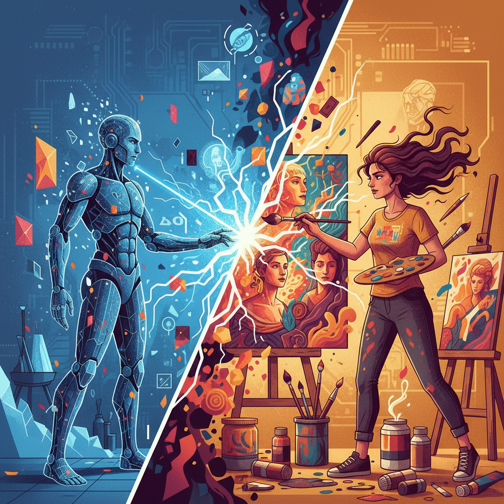 AI가 생성한 그림과 인간 창작자가 대립하는 구도를 표현한 일러스트