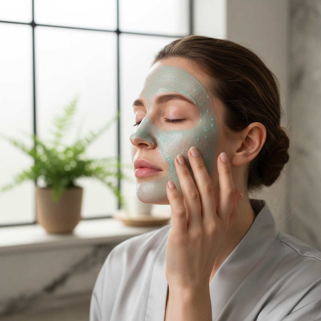 붉은 기가 도는 피부에 시원한 쿨링 팩을 올려 진정시키는 모습