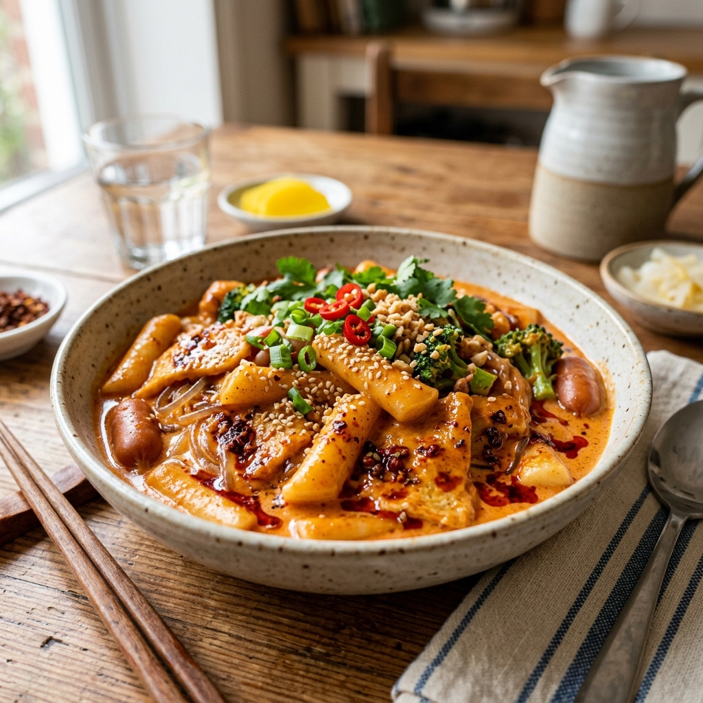 꾸덕한 크림소스에 붉은 마라 고추기름이 섞인 마라 로제 떡볶이 완성 장면