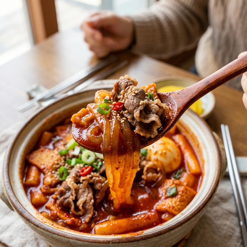 떡볶이 소스가 듬뿍 밴 쫄깃한 분모자와 우삼겹을 숟가락에 올린 모습