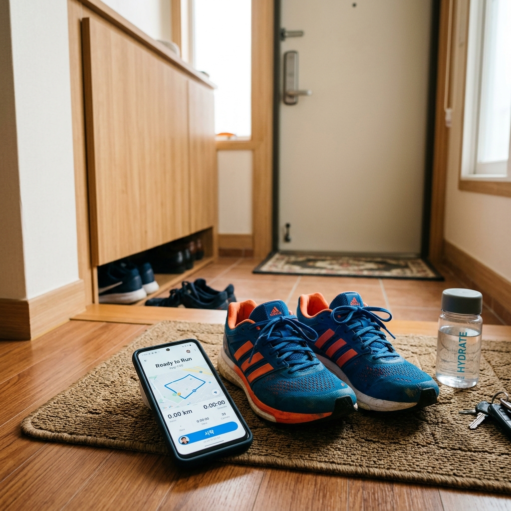 스마트폰 러닝 앱 화면과 운동화가 놓인 현관