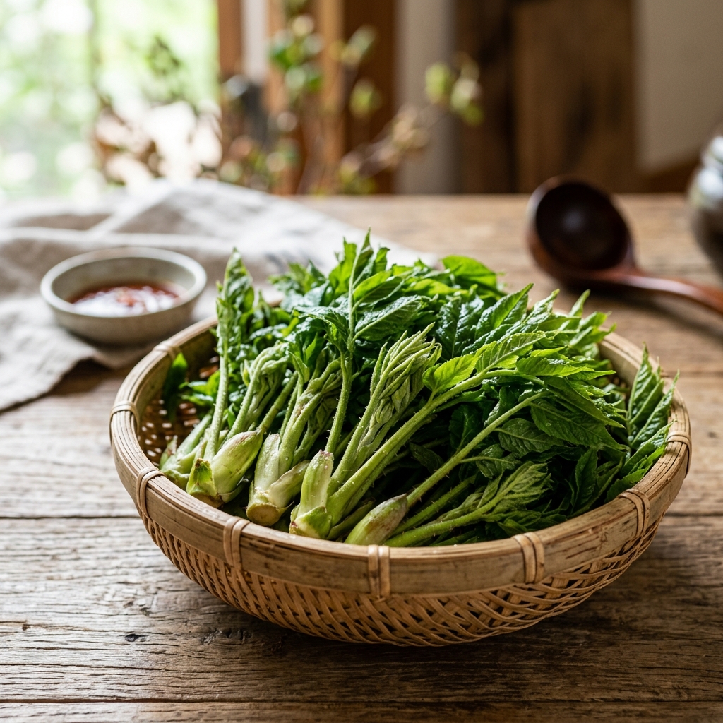 싱싱하고 푸른 빛깔이 도는 생두릅이 바구니에 담긴 모습