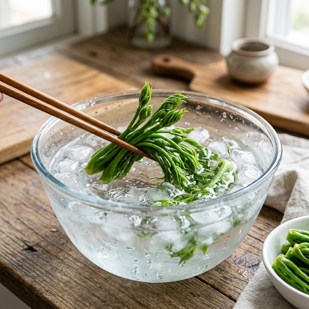데친 두릅을 얼음물에 담가 빠르게 헹궈내는 장면